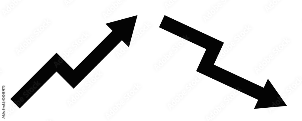 Upward zigzag arrow contrasted with a sharp downward arrow, illustrating growth and decline. Vector illustration. Editable stroke. Upward zigzag arrow contrasted with a sharp downward arrow, illustrating growth and decline. Vector illustration. Editable stroke.