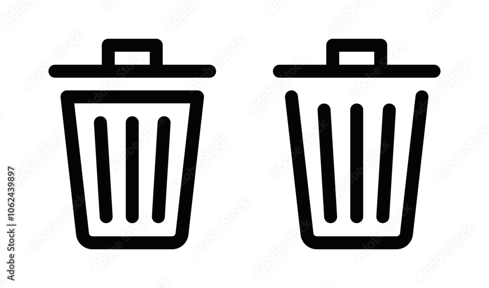 Simple trash bin icons, ideal for delete, garbage, and recycling concepts in user interfaces. Vector illustration. Editable stroke. Simple trash bin icons, ideal for delete, garbage, and recycling concepts in user interfaces. Vector illustration. Editable stroke.