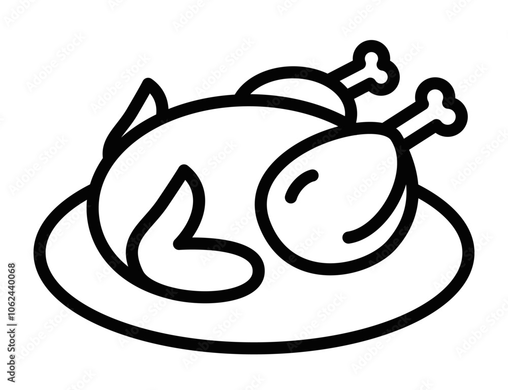 Obraz premium Line drawing of a roasted turkey on a plate, suitable for Thanksgiving, holiday, or food themes. Vector illustration. Editable stroke.