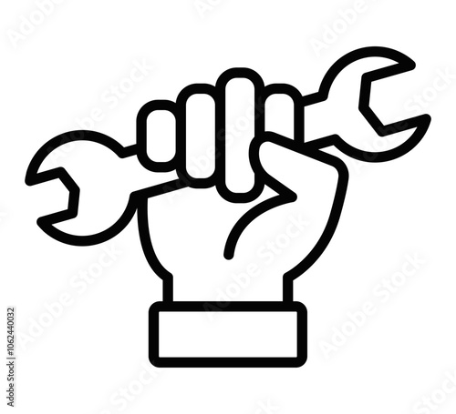 Icon of a hand gripping a wrench, symbolizing repair, work, or tools. Useful for construction and mechanic themes. Vector illustration. Editable stroke.