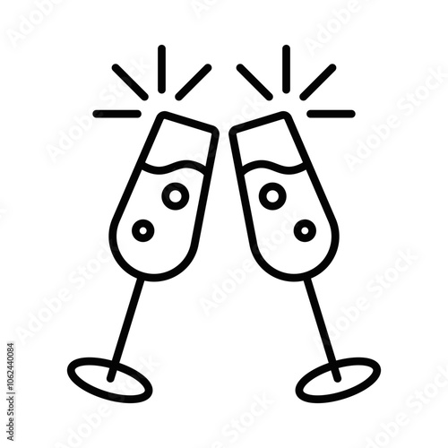 Two champagne glasses clinking together, representing celebration, party, or toast. Vector illustration. Editable stroke.