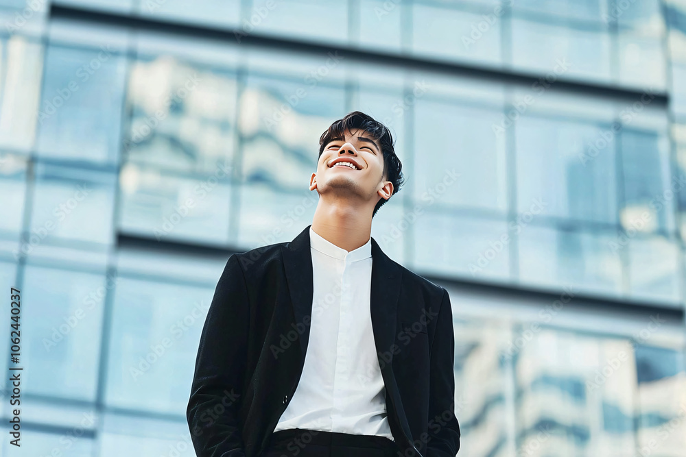 an optimistic young man gazing skyward in urban setting, architectural background an optimistic young man gazing skyward in urban setting, architectural background