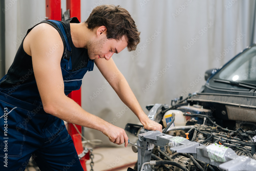 Side view of mechanic male wearing blue overalls working under hood of car, tightening part on engine using screwdriver. Concept of professional car repair and maintenance work. Side view of mechanic male wearing blue overalls working under hood of car, tightening part on engine using screwdriver. Concept of professional car repair and maintenance work.