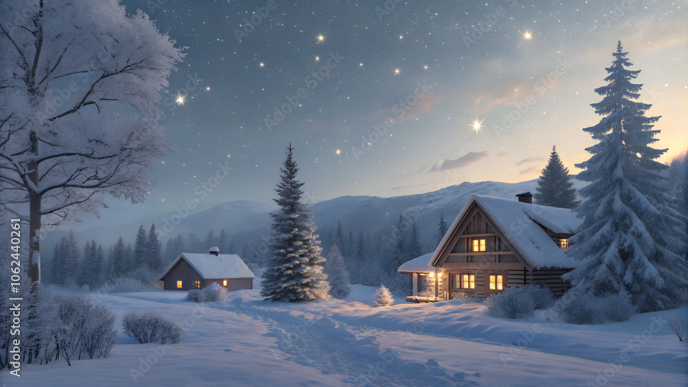 Winter landscape with cozy cabin and starry night sky in snowy mountains Winter landscape with cozy cabin and starry night sky in snowy mountains