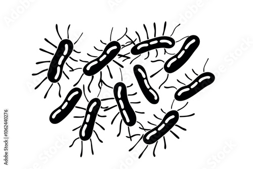 Colony of bacteria with flagella line art illustration