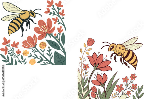 Bees flying around colorful flowers and leaves