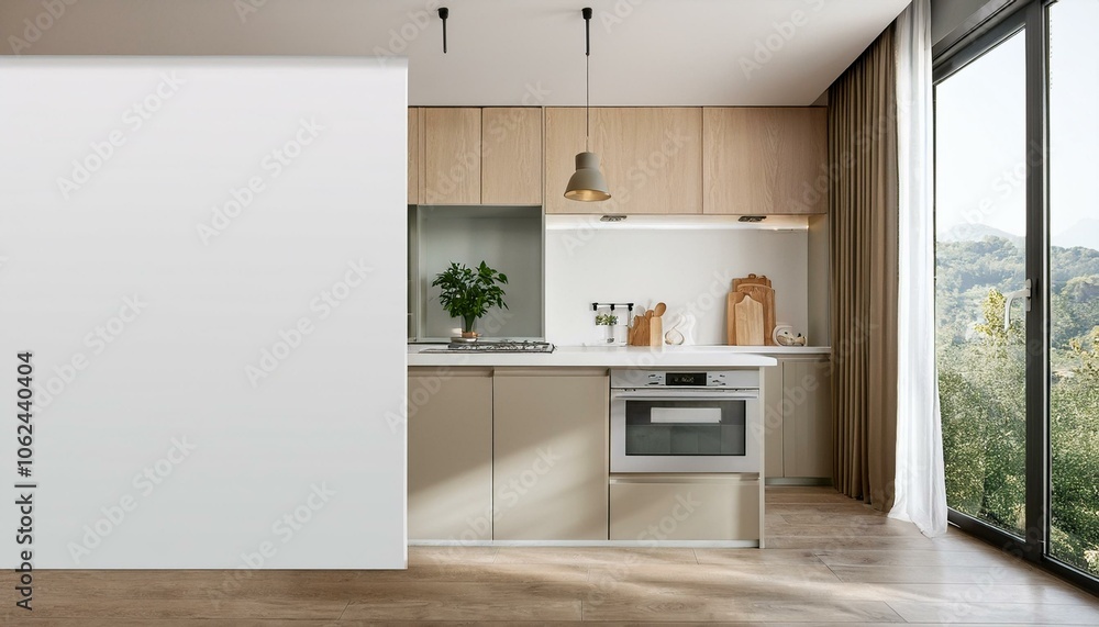 Fototapeta premium Modern kitchen interior with blank wall for mockup. 3D Rendering
