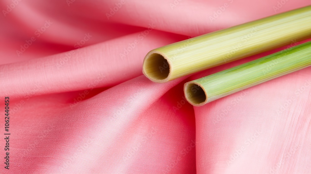A close up of two bamboo sticks on a pink fabric A close up of two bamboo sticks on a pink fabric