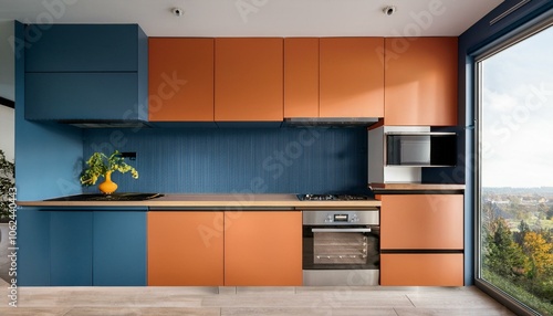 Wallpaper Mural Modern kitchen interior with blue and orange cabinets. 3D Rendering Torontodigital.ca