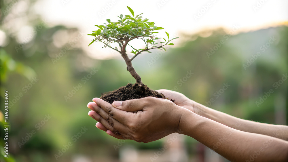 Person holding small bonsai tree in hands with garden background Person holding small bonsai tree in hands with garden background