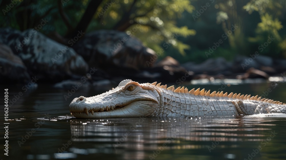 Obraz premium a rare albino crocodile, its pale skin contrasting sharply with the dark, murky water. The crocodile's distinctive features, such as its powerful jaws and sharp teeth, are clearly visible