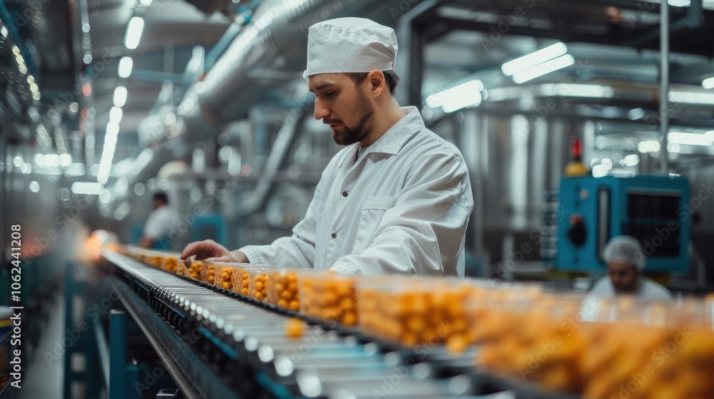 A food processing plant worker attentively monitoring the flow of ingredients through the production machinery A food processing plant worker attentively monitoring the flow of ingredients through the production machinery