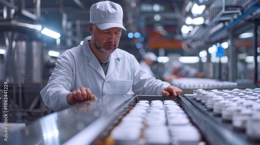 A food processing plant worker attentively monitoring the flow of ingredients through the production machinery A food processing plant worker attentively monitoring the flow of ingredients through the production machinery