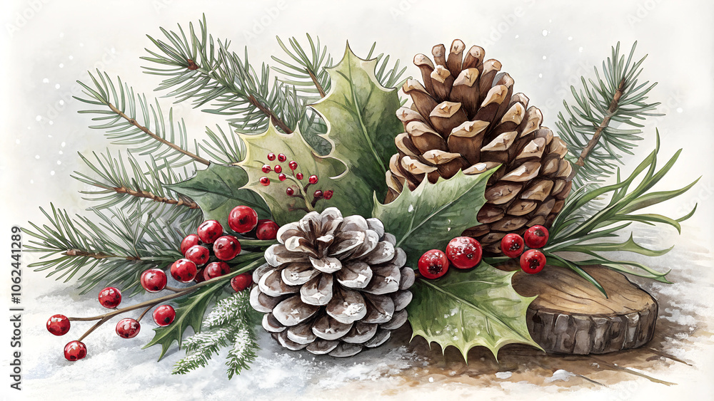 Festive winter arrangement with pine cones, holly, and berries on white background
