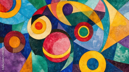 Bold Cubist background featuring circles and triangles in vibrant colors textured