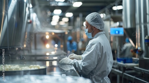 A food processing plant worker attentively monitoring the flow of ingredients through the production machinery