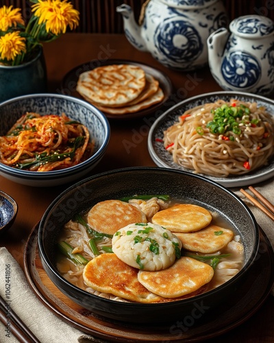 A vibrant dining table showcases an array of Asian dishes, including savory dumplings, flavorful noodles, and stir-fried vegetables, all served in traditional crockery