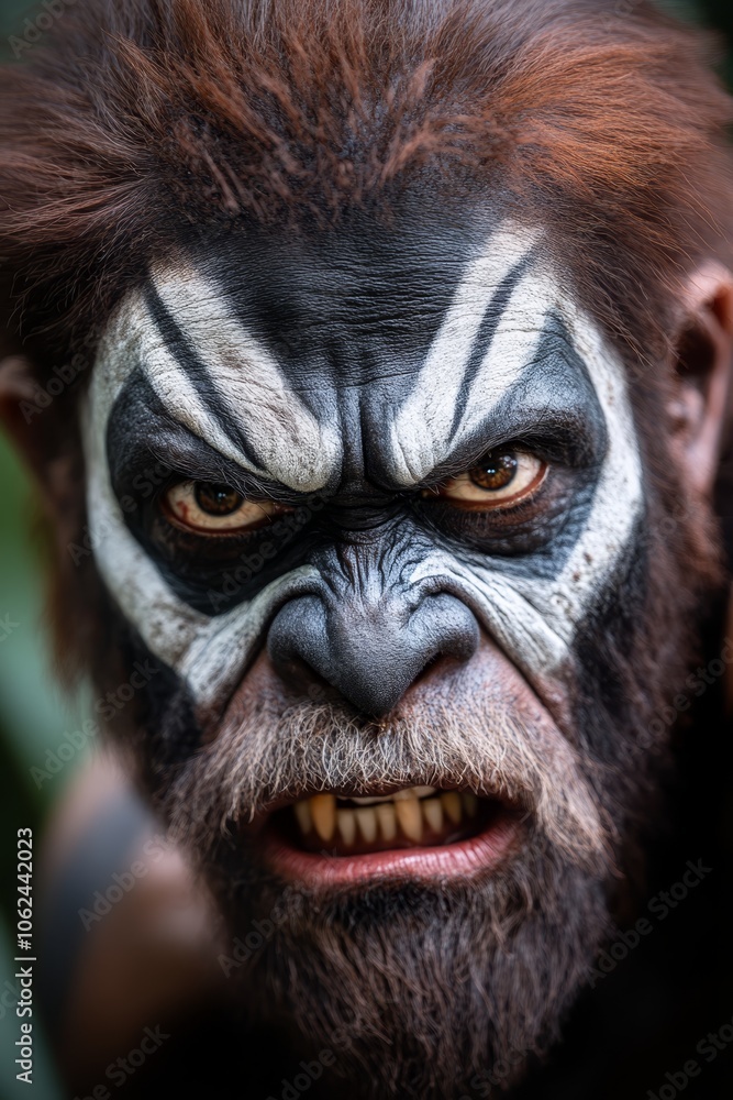 A close up of a man with a face painted like a gorilla A close up of a man with a face painted like a gorilla
