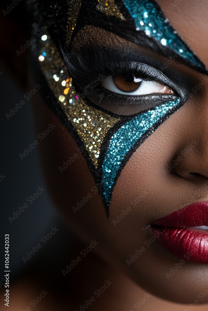 A close up of a woman's face with glitter on her face A close up of a woman's face with glitter on her face