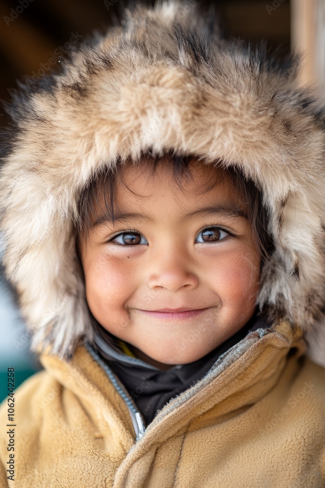 A little boy wearing a fur hat smiles at the camera A little boy wearing a fur hat smiles at the camera