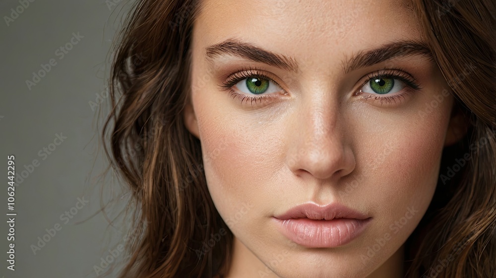 Close-up portrait of a young woman with striking green eyes and natural makeup in soft lighting against a neutral background Close-up portrait of a young woman with striking green eyes and natural makeup in soft lighting against a neutral background