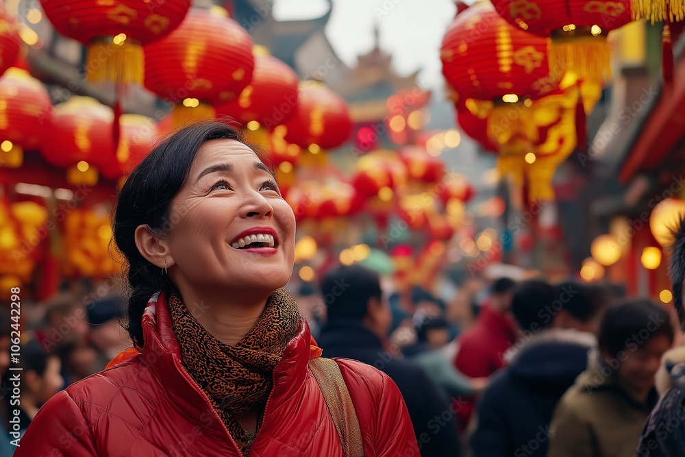 A woman in a vibrant red jacket smiles while looking up at colorful lanterns. The festive atmosphere is filled with people celebrating a cultural event during dusk A woman in a vibrant red jacket smiles while looking up at colorful lanterns. The festive atmosphere is filled with people celebrating a cultural event during dusk
