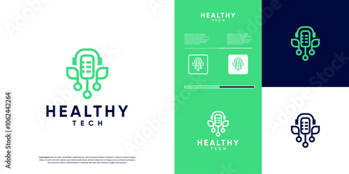 health podcast, with microphone concept and digital technology leaves, vector graphic illustration.