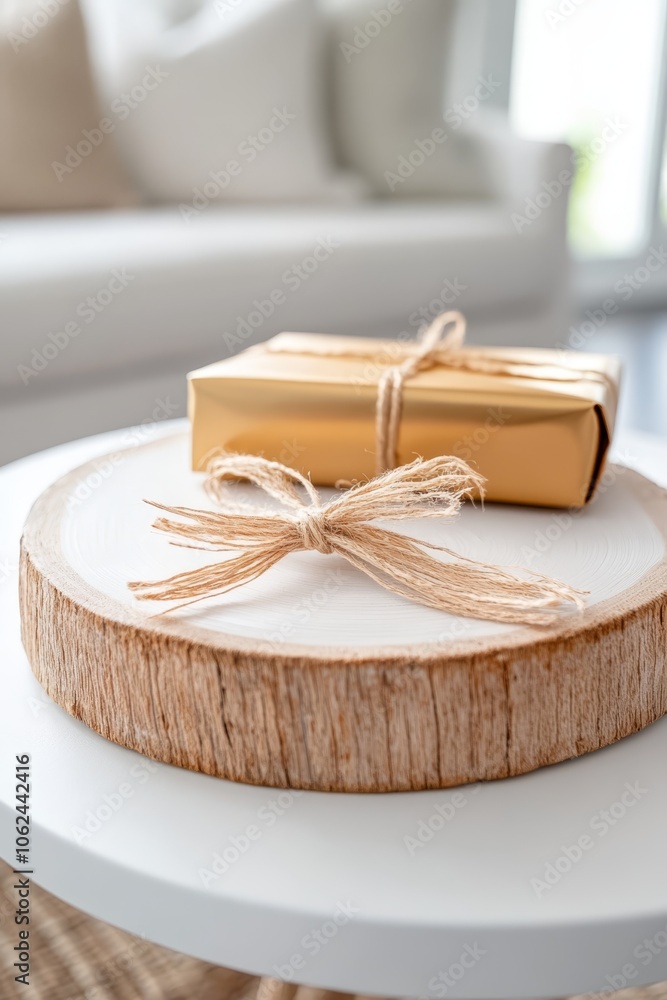 A gift wrapped in gold paper and tied with twine on a white table A gift wrapped in gold paper and tied with twine on a white table
