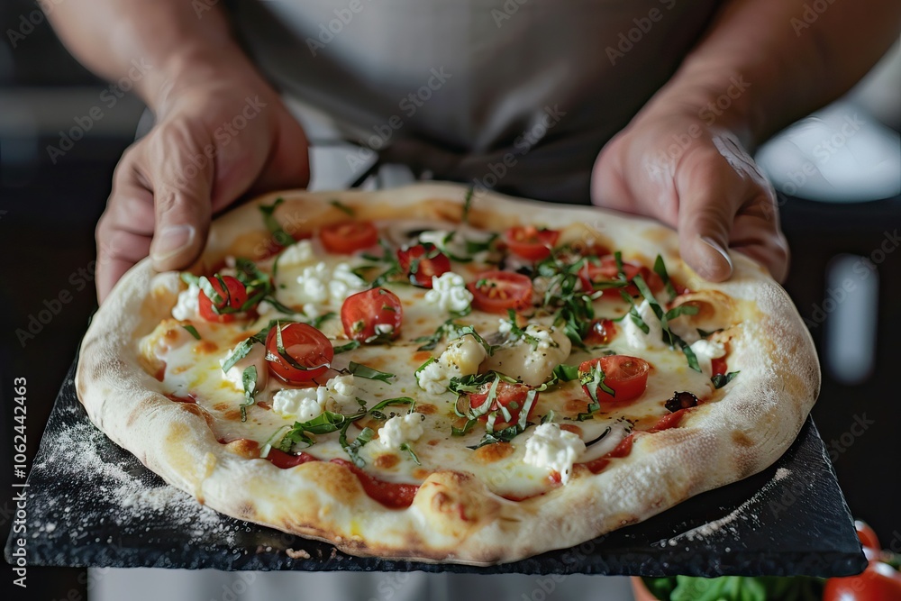 Fresh pizza on black board held by hands, melted cheese, herbs, close-up of vibrant toppings Fresh pizza on black board held by hands, melted cheese, herbs, close-up of vibrant toppings