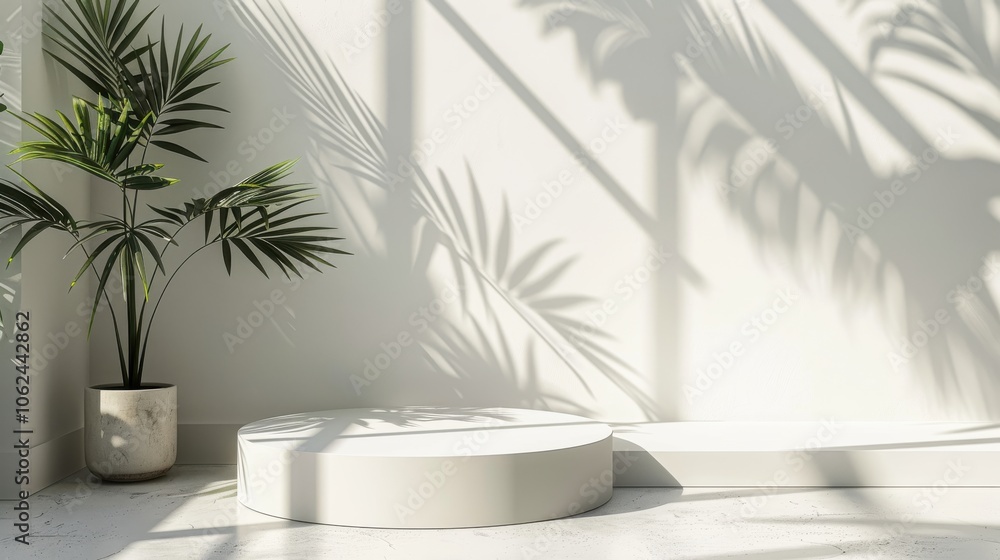 Fototapeta premium Geometric platform, minimalist white room, cylinder podium, palm leaf shadows, serene product display