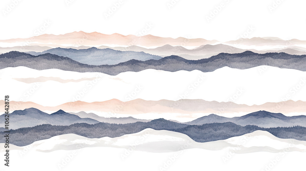 Obraz premium Watercolor Landscapes With Distant Mountains on White Generative AI