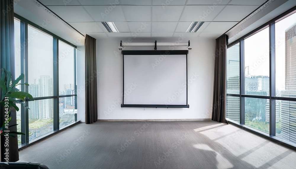Fototapeta premium Modern office room interior with board and projection screen, window. Empty wall