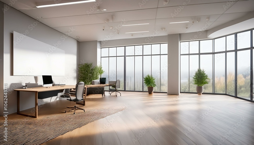 Fototapeta premium Modern office room with large windows, minimalistic furniture, and an empty blank wall on the left for mockup. Bright interior and wooden flooring. 3D Rendering