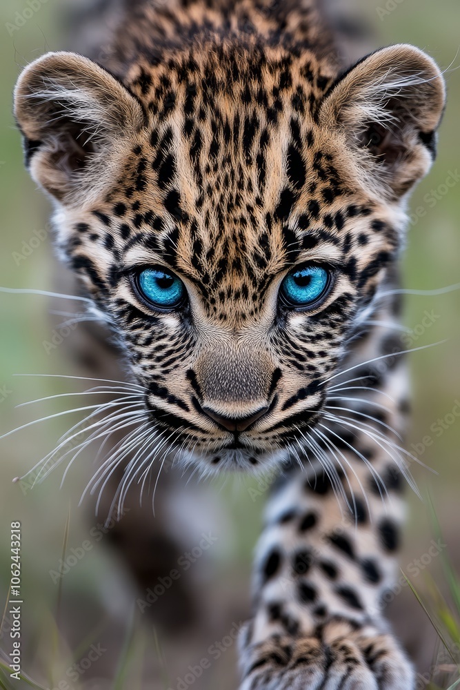 Fototapeta premium A close up of a leopard with blue eyes walking in the grass