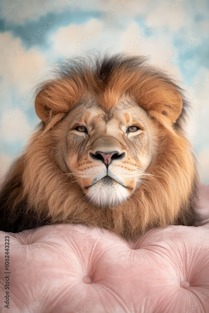 Fototapeta premium A lion laying on top of a pink ottoman