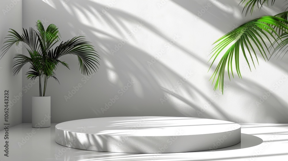 Geometric platform, minimalist white room, cylinder podium, palm leaf shadows, serene product display Geometric platform, minimalist white room, cylinder podium, palm leaf shadows, serene product display