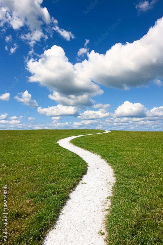 A white path in the middle of a green field A white path in the middle of a green field
