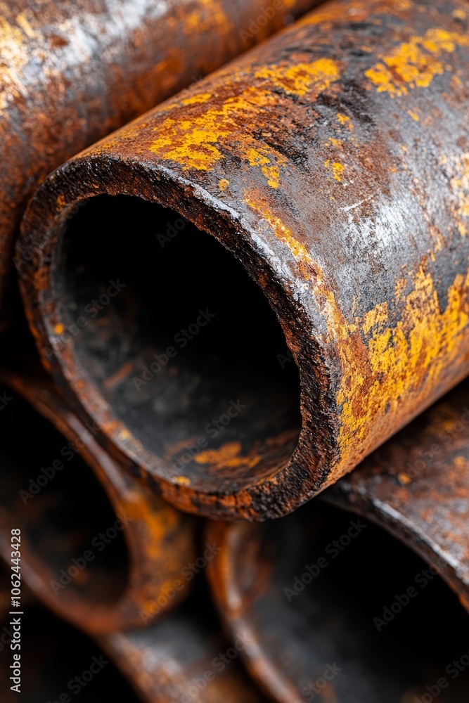 A pile of rusty metal pipes stacked on top of each other A pile of rusty metal pipes stacked on top of each other