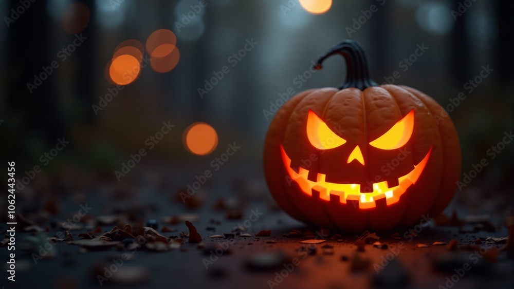An eerie glowing jack-o'-lantern lights up a dark forest during a spooky Halloween night An eerie glowing jack-o'-lantern lights up a dark forest during a spooky Halloween night