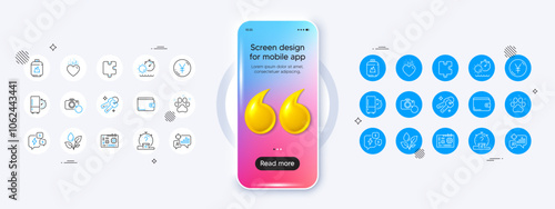 Recovery photo, Motherboard and Puzzle line icons. Phone mockup with 3d quotation icon. Pack of Heart, Quiz, Yen money icon. Plants watering, Refrigerator timer, Money wallet pictogram. Vector