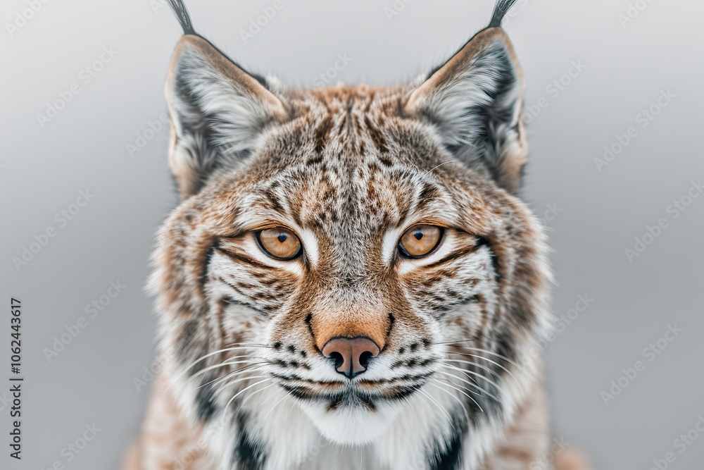 Close-up lynx face with intense gaze, blurred gray background Close-up lynx face with intense gaze, blurred gray background