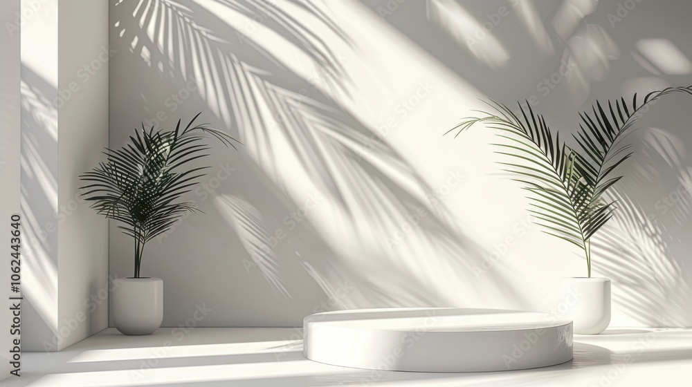 Geometric platform, minimalist white room, cylinder podium, palm leaf shadows, serene product display Geometric platform, minimalist white room, cylinder podium, palm leaf shadows, serene product display
