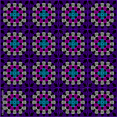 Pattern with crochet granny square with flowers wallpaper handmade decorative art design print	