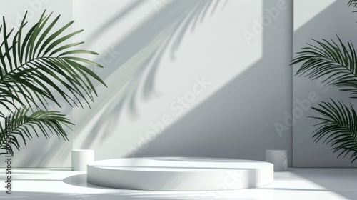 Geometric platform, minimalist white room, cylinder podium, palm leaf shadows, serene product display