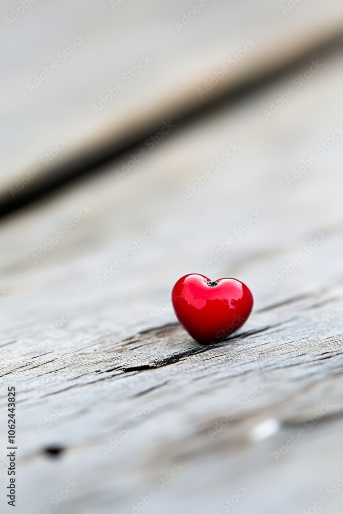 A small red heart sitting on top of a wooden table A small red heart sitting on top of a wooden table