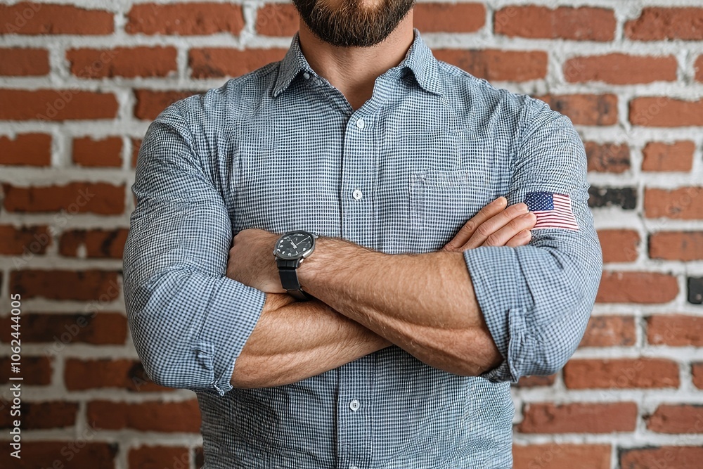 Man wearing a blue shirt with a white stripe and a black watch Man wearing a blue shirt with a white stripe and a black watch