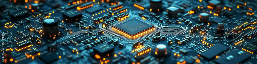 Futuristic close-up of a circuit board with a glowing microchip, ideal for technology-related wall art, posters, backgrounds, and advertisements showcasing innovation. Futuristic close-up of a circuit board with a glowing microchip, ideal for technology-related wall art, posters, backgrounds, and advertisements showcasing innovation.