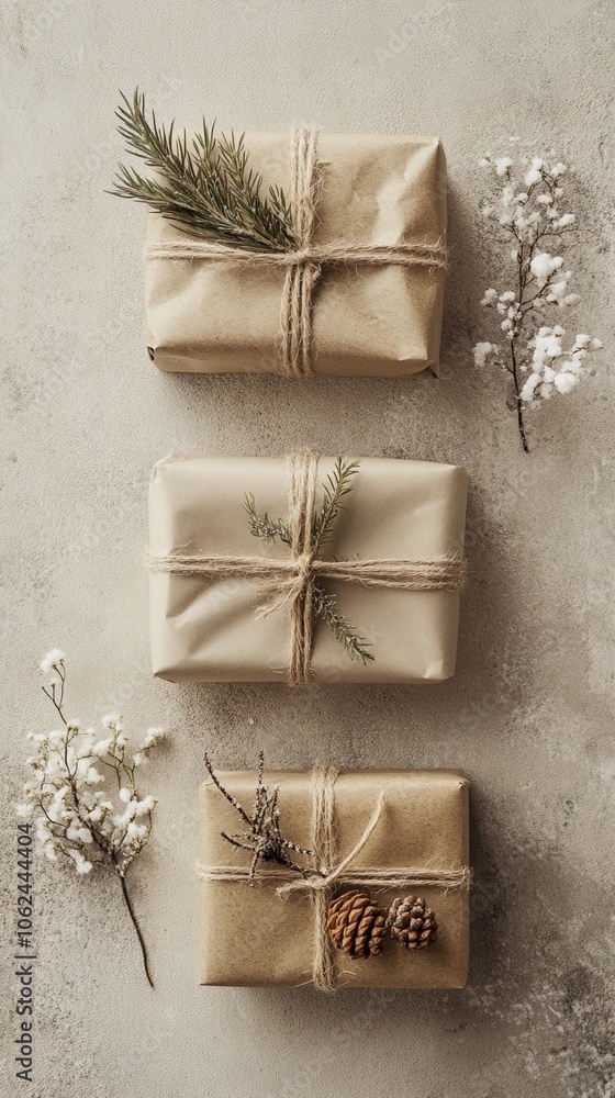 small wrapped Christmas gifts with kraft paper and jute string, set on a neutral background with a minimalist look, captured from above with a central blank area for text small wrapped Christmas gifts with kraft paper and jute string, set on a neutral background with a minimalist look, captured from above with a central blank area for text