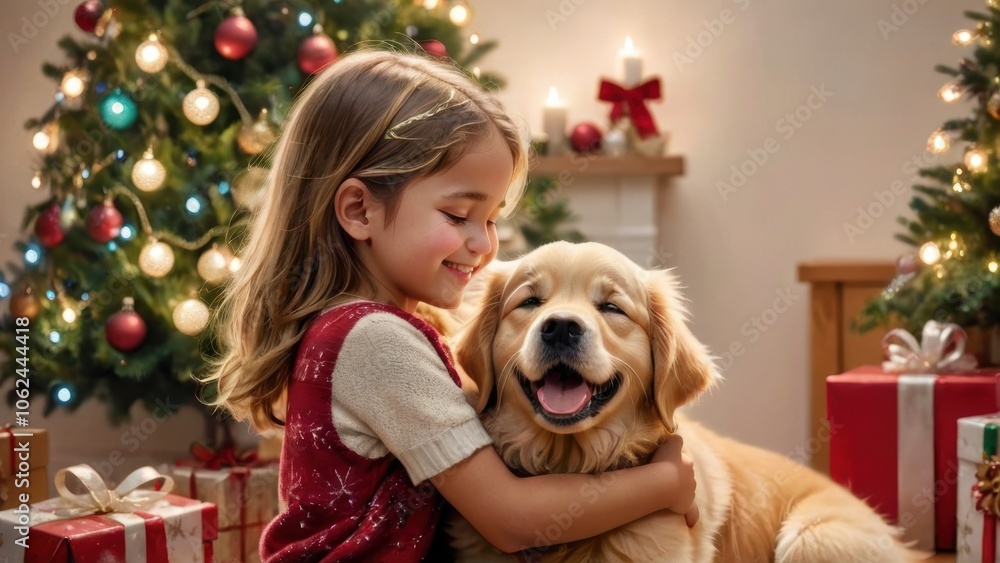 Joyful Little Girl Hugging Happy Golden Retriever by Christmas Tree with Gifts and Festive Decorations Joyful Little Girl Hugging Happy Golden Retriever by Christmas Tree with Gifts and Festive Decorations