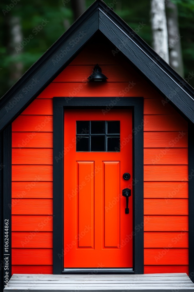 A red door on a small red house in the woods A red door on a small red house in the woods